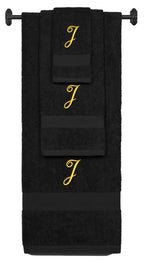 Black monogrammed towel set with Gold thread, Diana Script font, initial J - 540 GSM cotton 3-piece