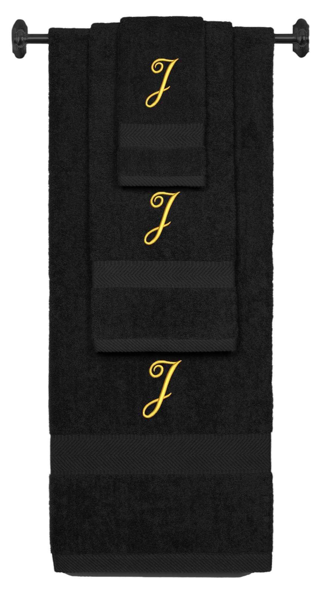 Black monogrammed towel set with Gold thread, Diana Script font, initial J - 540 GSM cotton 3-piece
