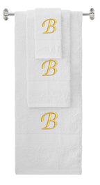 White monogrammed towel set with Gold thread, Chancery font, initial B - 540 GSM cotton 3-piece