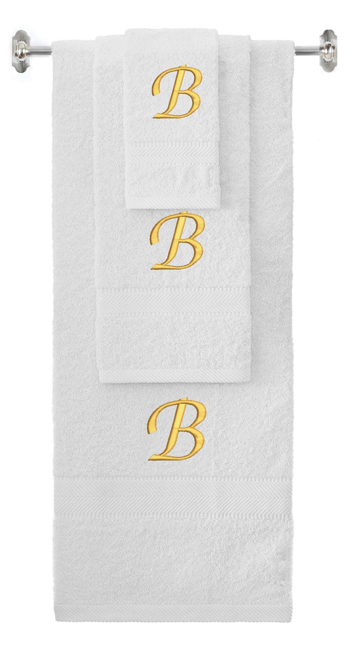 White monogrammed towel set with Gold thread, Chancery font, initial B - 540 GSM cotton 3-piece