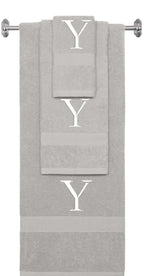Silver monogrammed towel set with White thread, Times New Roman font, initial Y - 540 GSM cotton 3-piece