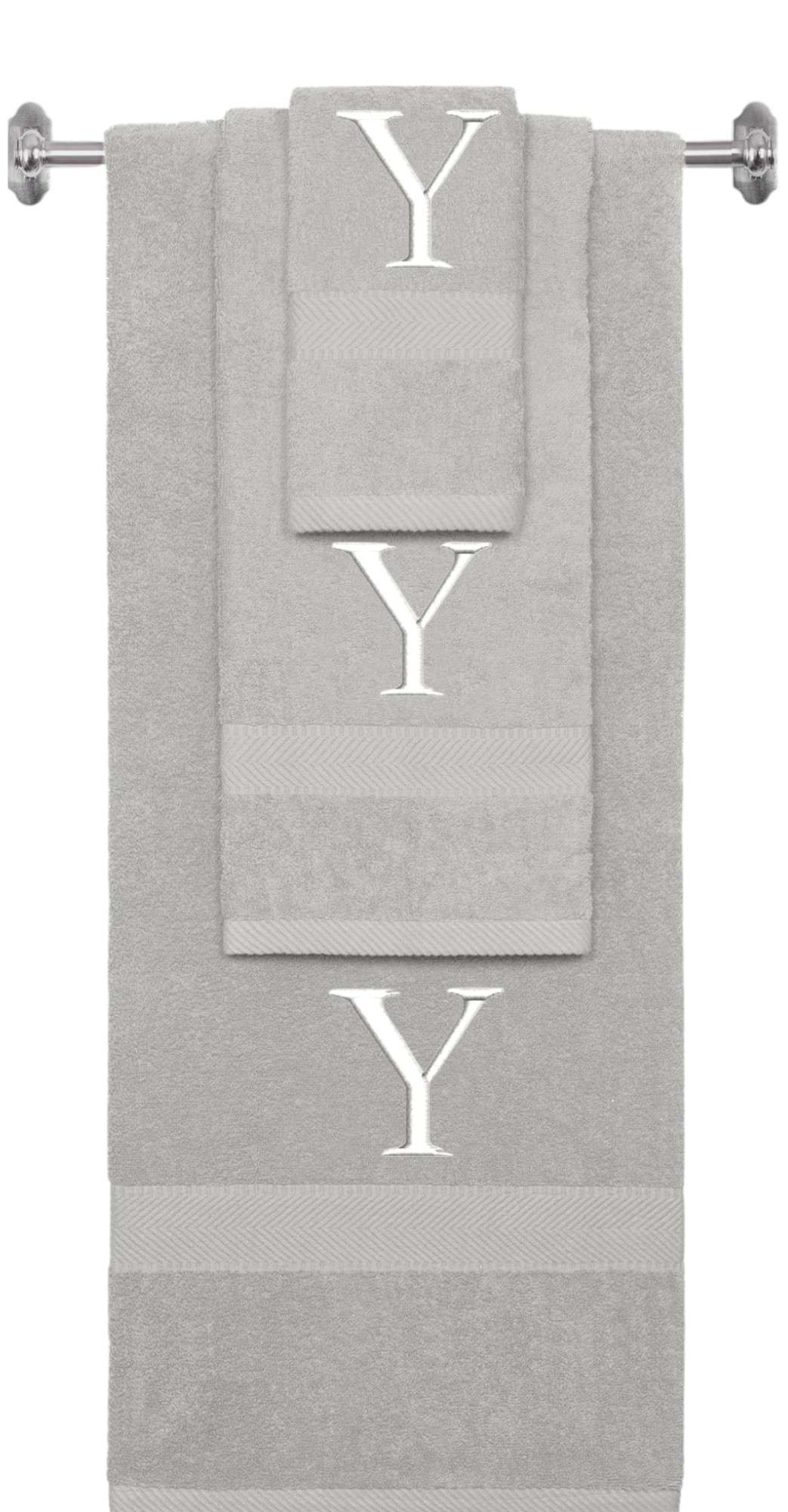 Silver monogrammed towel set with White thread, Times New Roman font, initial Y - 540 GSM cotton 3-piece