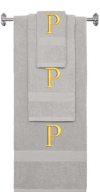 Silver monogrammed towel set with Gold thread, Times New Roman font, initial P - 540 GSM cotton 3-piece