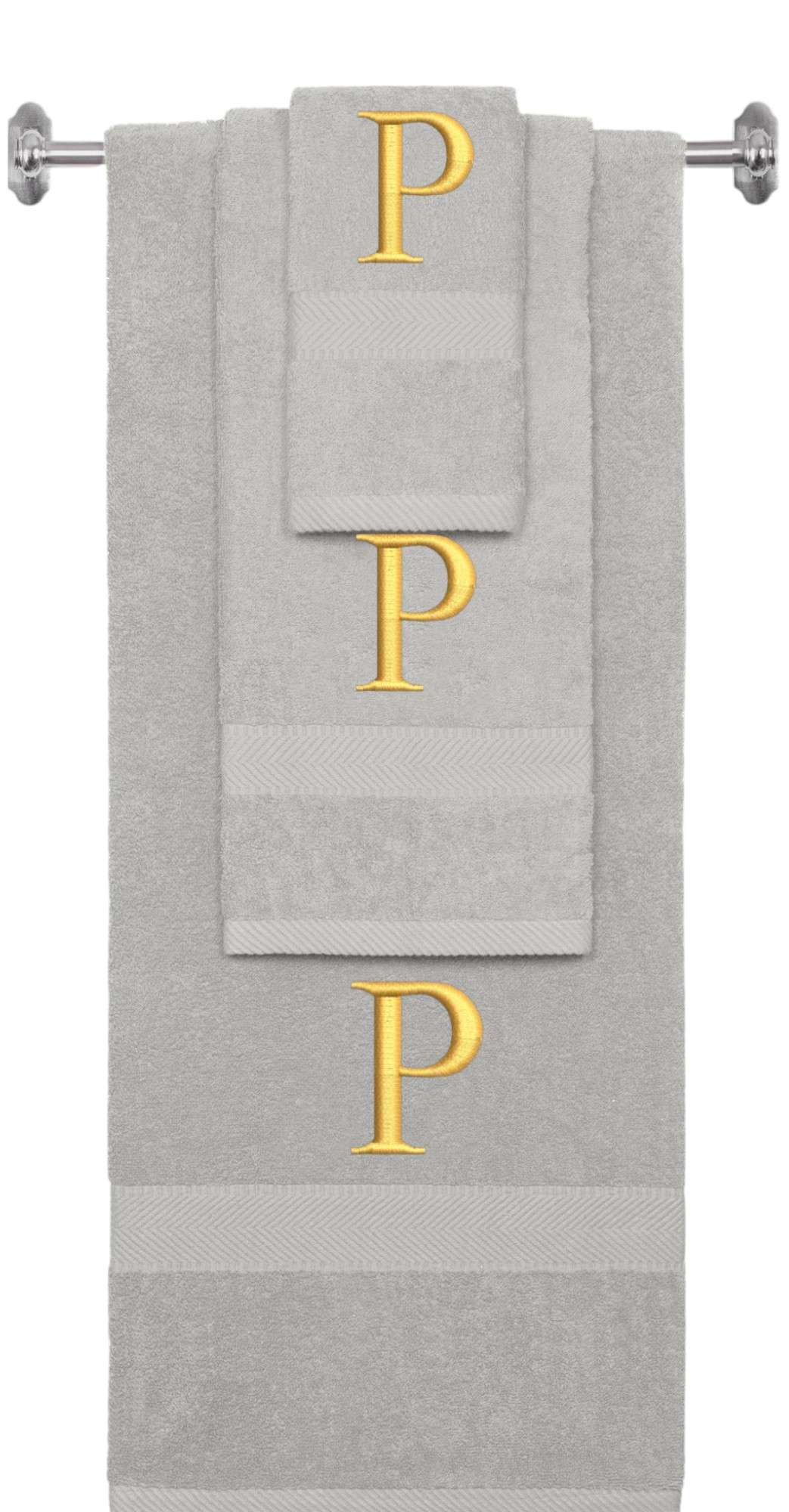 Silver monogrammed towel set with Gold thread, Times New Roman font, initial P - 540 GSM cotton 3-piece