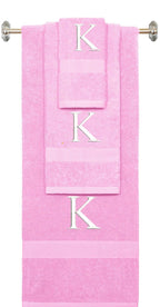 Purple monogrammed towel set with Black thread, Times New Roman font, initial K - 540 GSM cotton 3-piece