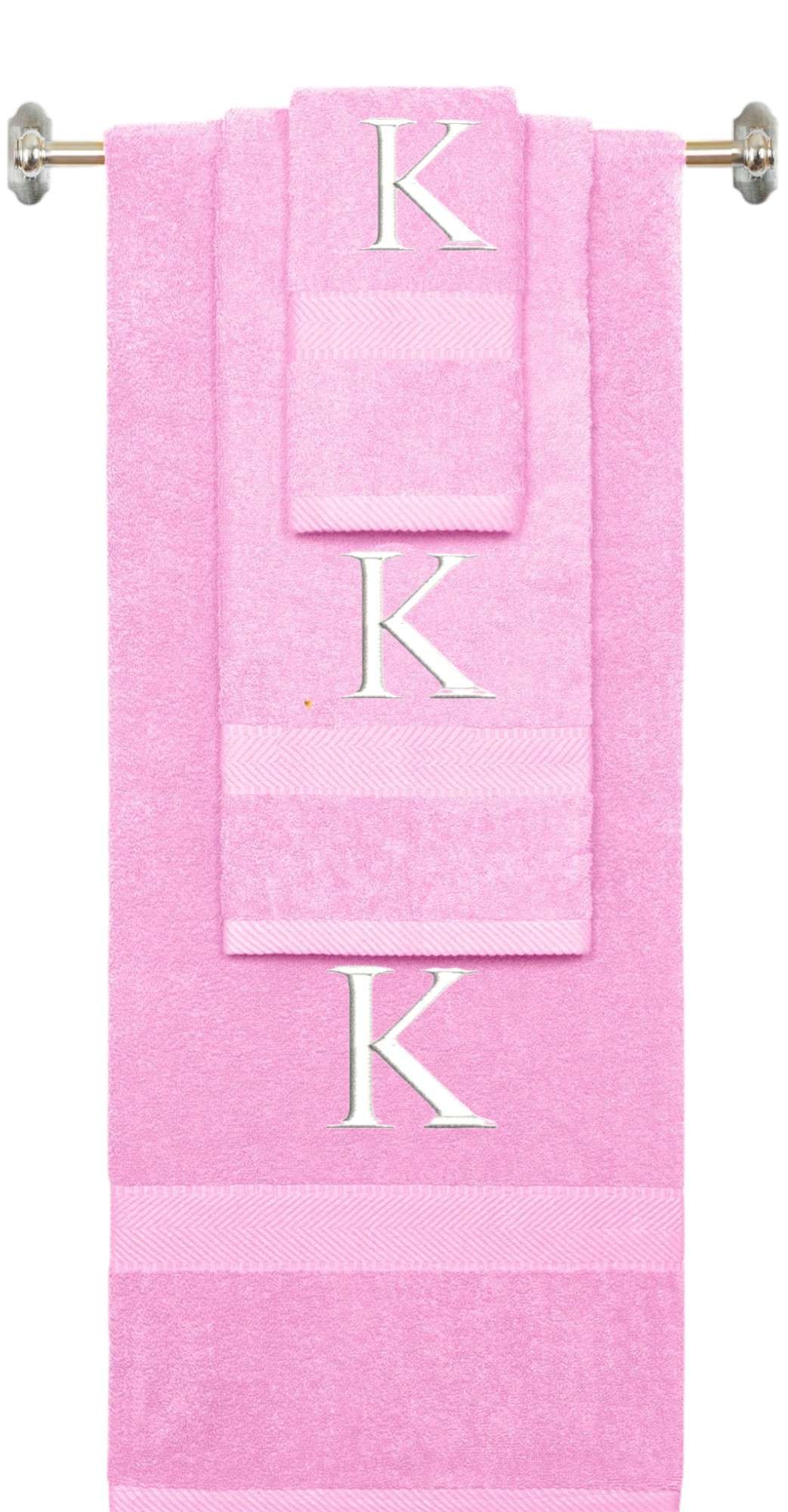 Purple monogrammed towel set with Black thread, Times New Roman font, initial K - 540 GSM cotton 3-piece