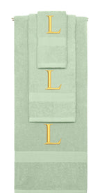 Mint Green monogrammed towel set with Gold thread, Times New Roman font, initial L - 540 GSM cotton 3-piece