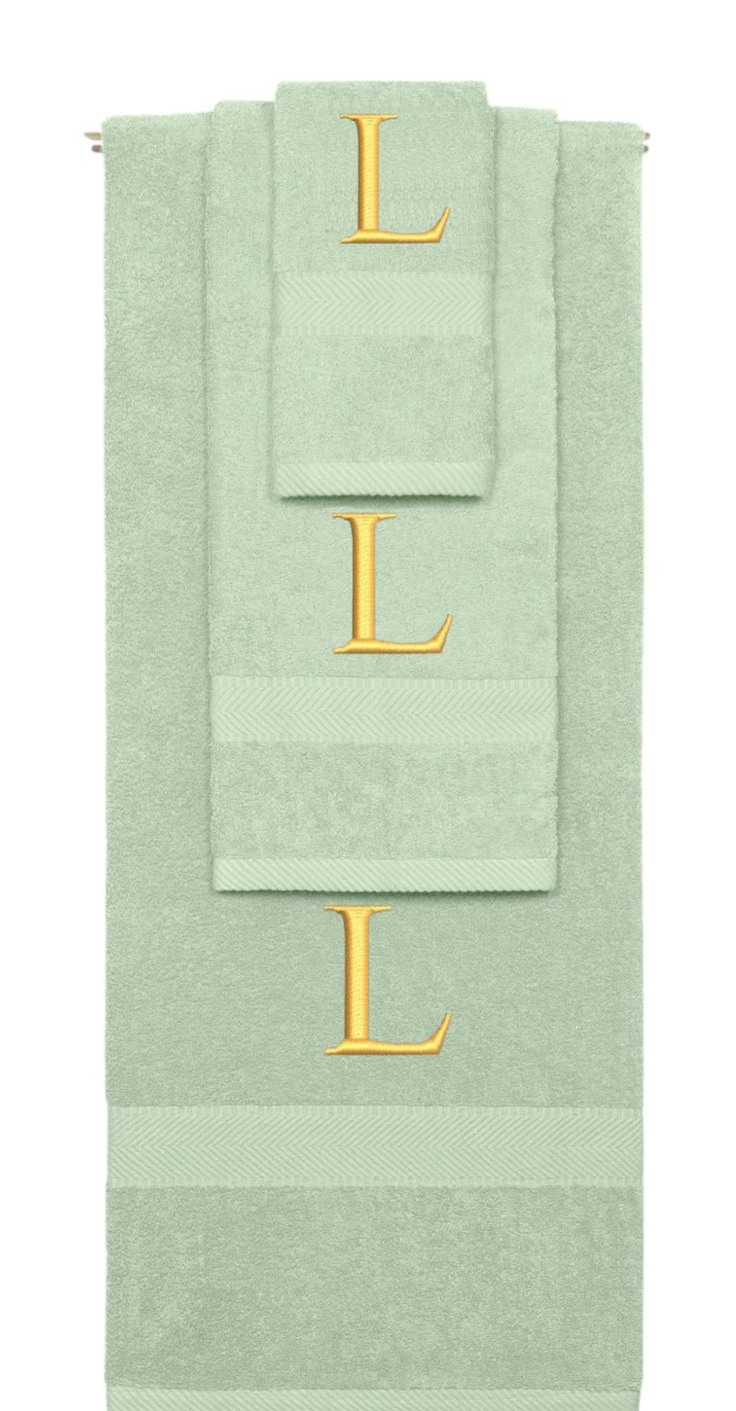 Mint Green monogrammed towel set with Gold thread, Times New Roman font, initial L - 540 GSM cotton 3-piece