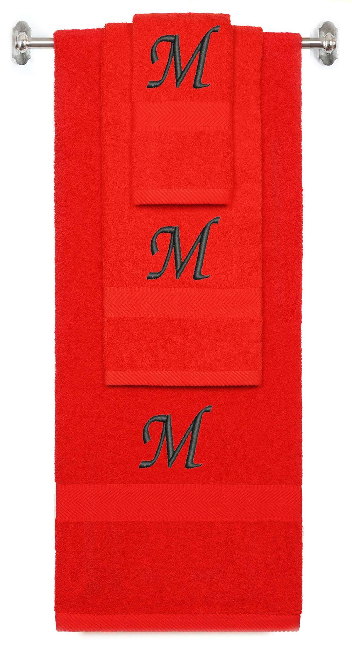 Red monogrammed towel set with Black thread, Chancery font, initial M - 540 GSM cotton 3-piece