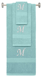 Nautical Teal monogrammed towel set with White thread, Chancery font, initial M - 540 GSM cotton 3-piece