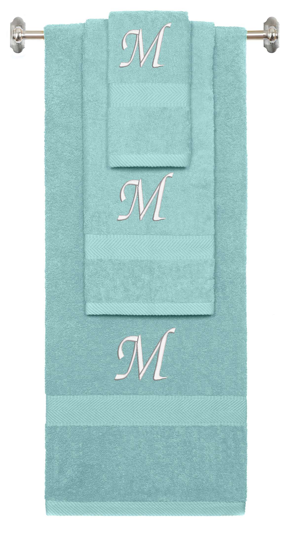 Nautical Teal monogrammed towel set with White thread, Chancery font, initial M - 540 GSM cotton 3-piece