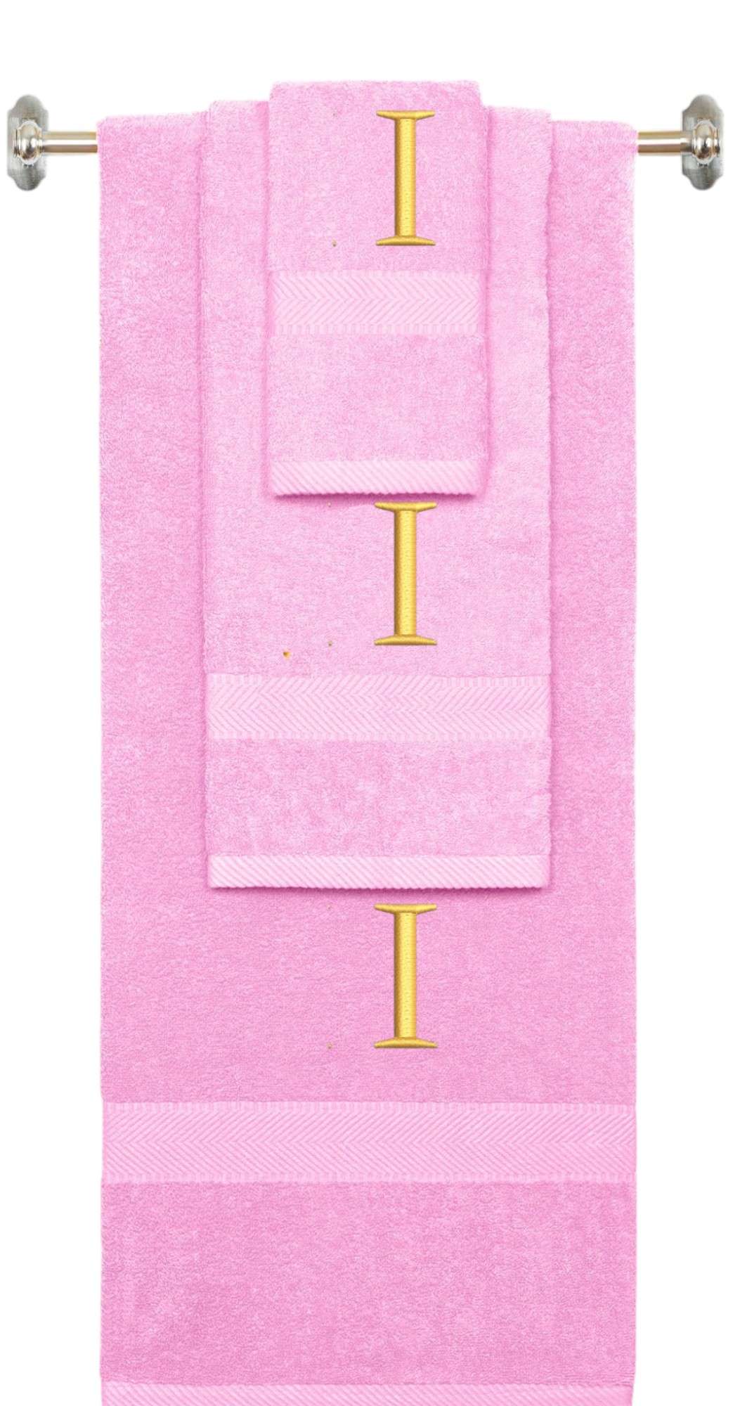 Pink monogrammed towel set with Silver thread, Times New Roman font, initial I - 540 GSM cotton 3-piece