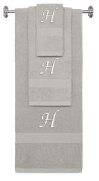 Silver monogrammed towel set with White thread, Chancery font, initial H - 540 GSM cotton 3-piece