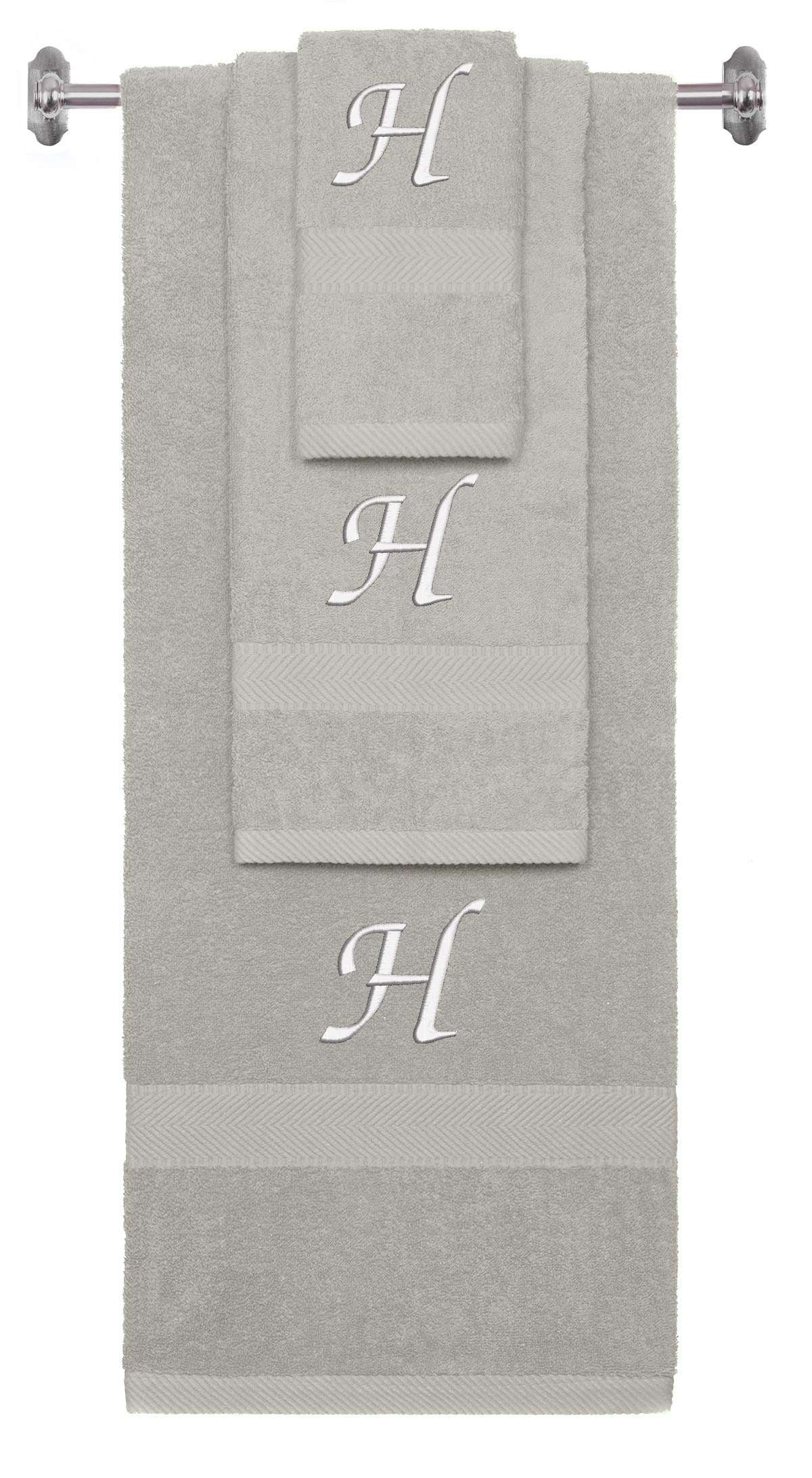 Silver monogrammed towel set with White thread, Chancery font, initial H - 540 GSM cotton 3-piece