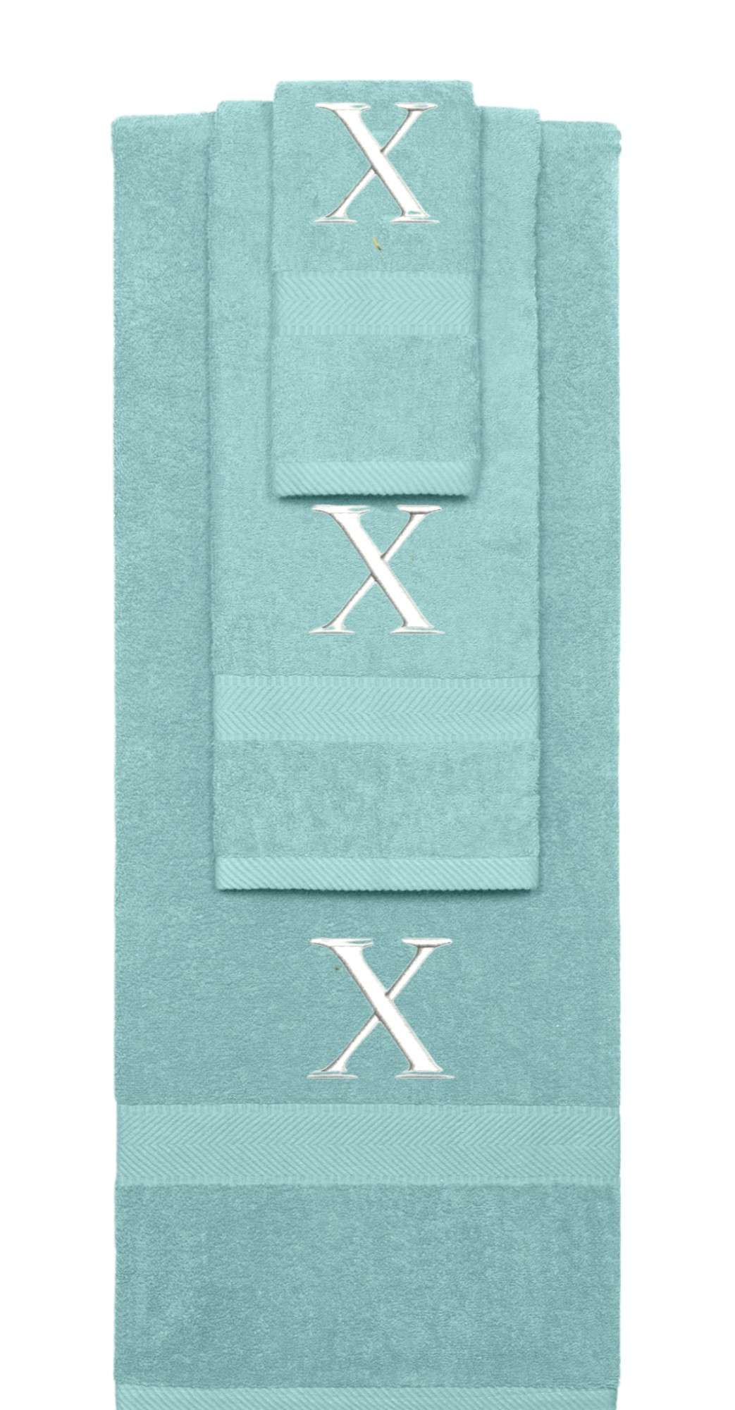 Nautical Teal monogrammed towel set with White thread, Times New Roman font, initial X - 540 GSM cotton 3-piece