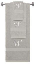 Silver monogrammed towel set with White thread, Chancery font, initial W - 540 GSM cotton 3-piece