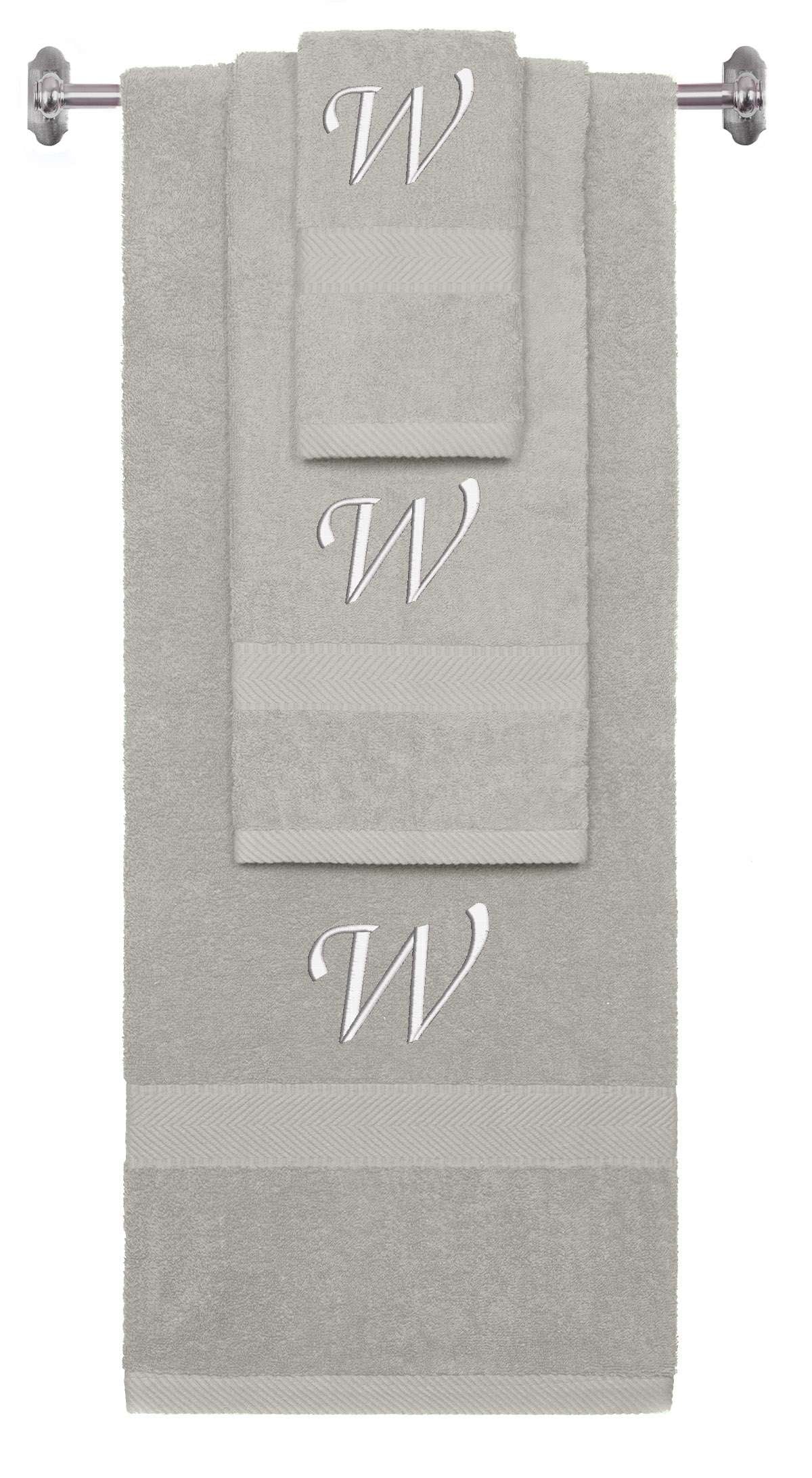 Silver monogrammed towel set with White thread, Chancery font, initial W - 540 GSM cotton 3-piece