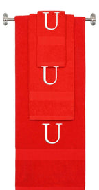 Red monogrammed towel set with White thread, Times New Roman font, initial U - 540 GSM cotton 3-piece