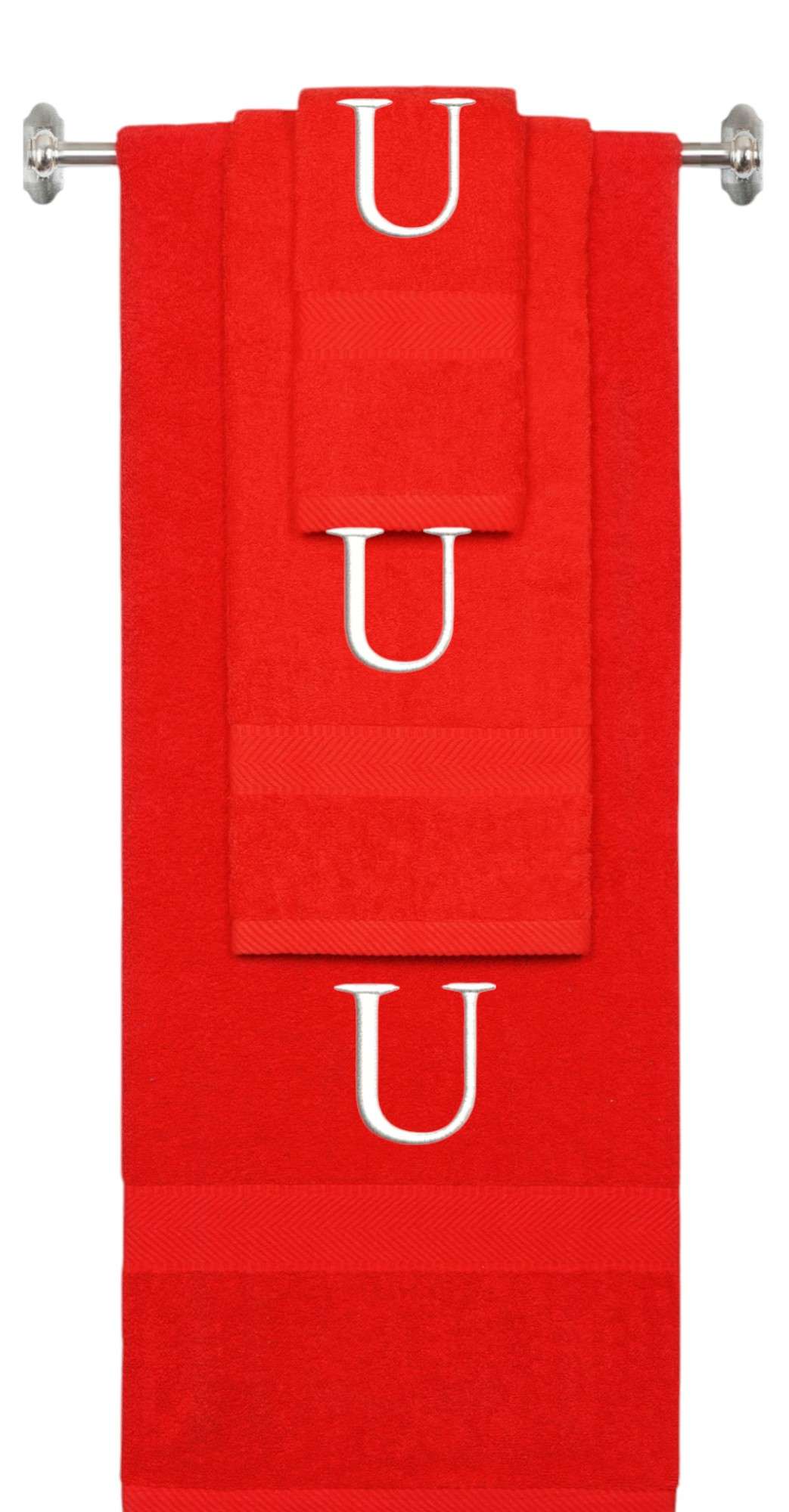 Red monogrammed towel set with White thread, Times New Roman font, initial U - 540 GSM cotton 3-piece