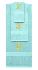 Nautical Teal monogrammed towel set with Gold thread, Diana Script font, initial X - 540 GSM cotton 3-piece