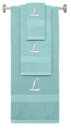 Nautical Teal monogrammed towel set with White thread, Chancery font, initial L - 540 GSM cotton 3-piece