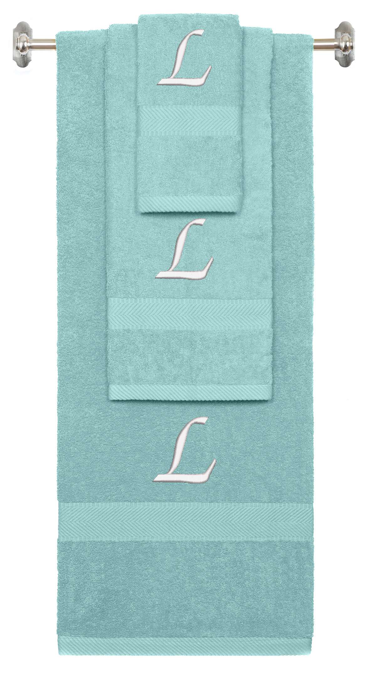 Nautical Teal monogrammed towel set with White thread, Chancery font, initial L - 540 GSM cotton 3-piece