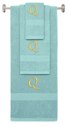 Nautical Teal monogrammed towel set with Gold thread, Chancery font, initial Q - 540 GSM cotton 3-piece