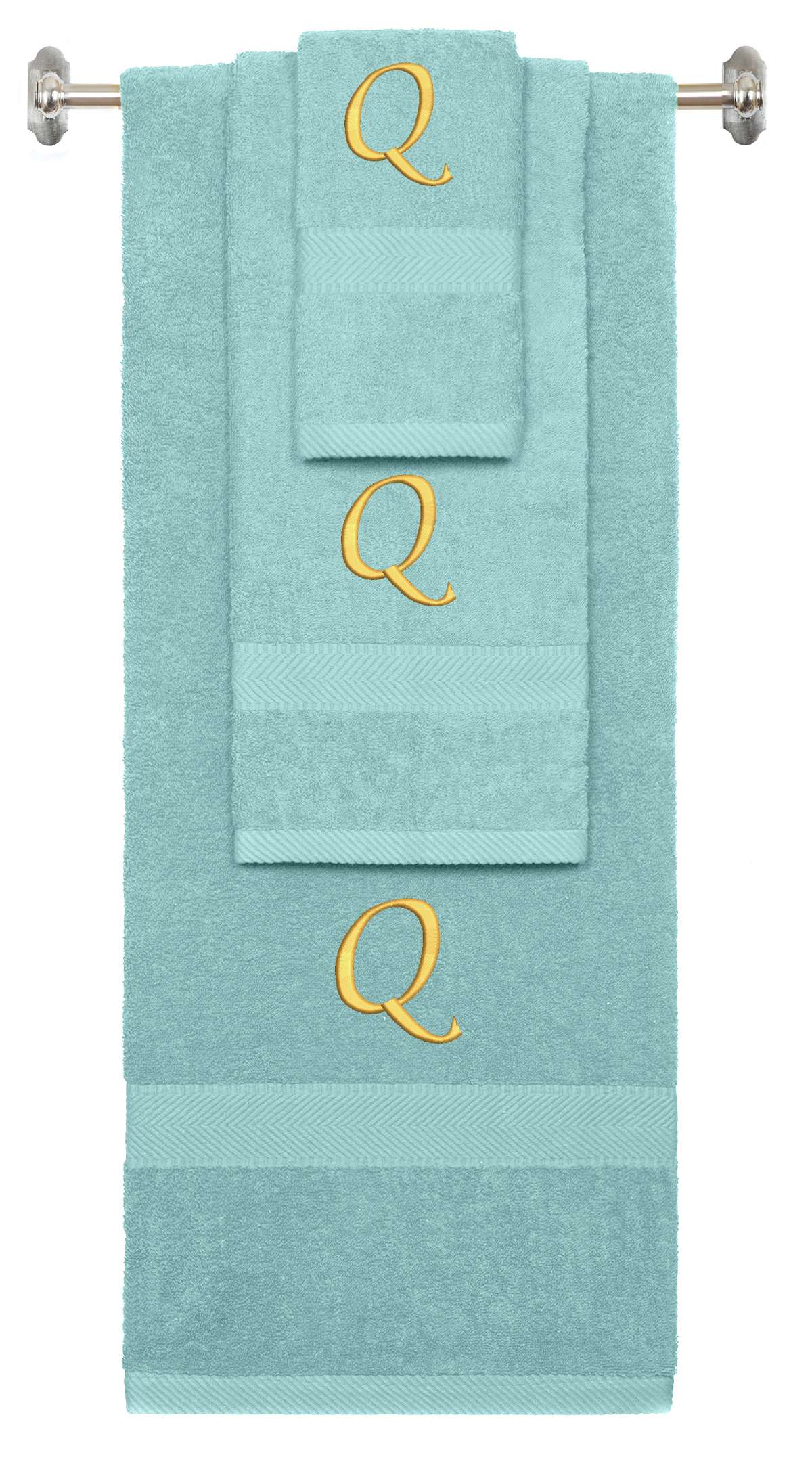 Nautical Teal monogrammed towel set with Gold thread, Chancery font, initial Q - 540 GSM cotton 3-piece