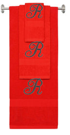 Red monogrammed towel set with Black thread, Diana Script font, initial R - 540 GSM cotton 3-piece