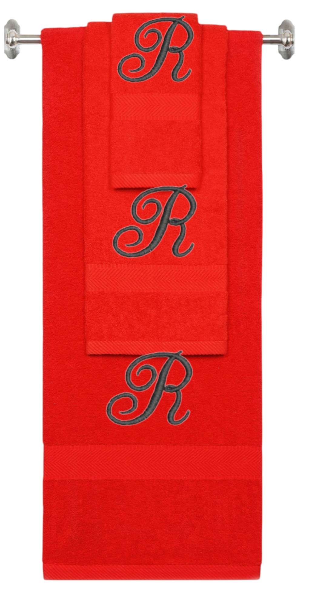 Red monogrammed towel set with Black thread, Diana Script font, initial R - 540 GSM cotton 3-piece