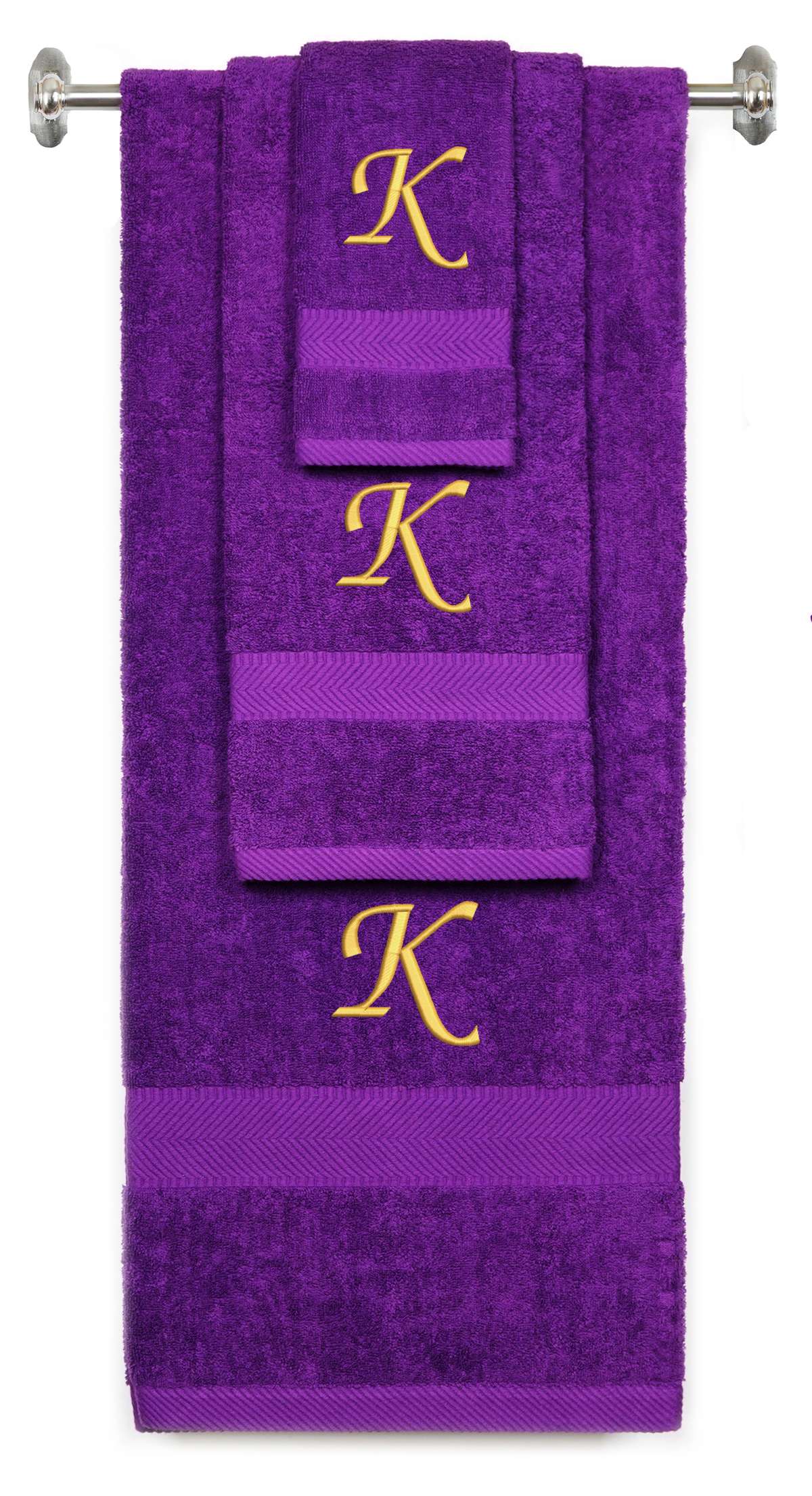 Purple monogrammed towel set with Gold thread, Chancery font, initial K - 540 GSM cotton 3-piece