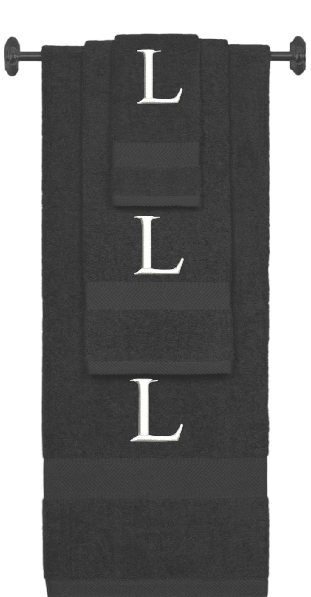 Charcoal monogrammed towel set with White thread, Times New Roman font, initial L - 540 GSM cotton 3-piece