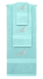 Nautical Teal monogrammed towel set with Silver thread, Diana Script font, initial A - 540 GSM cotton 3-piece