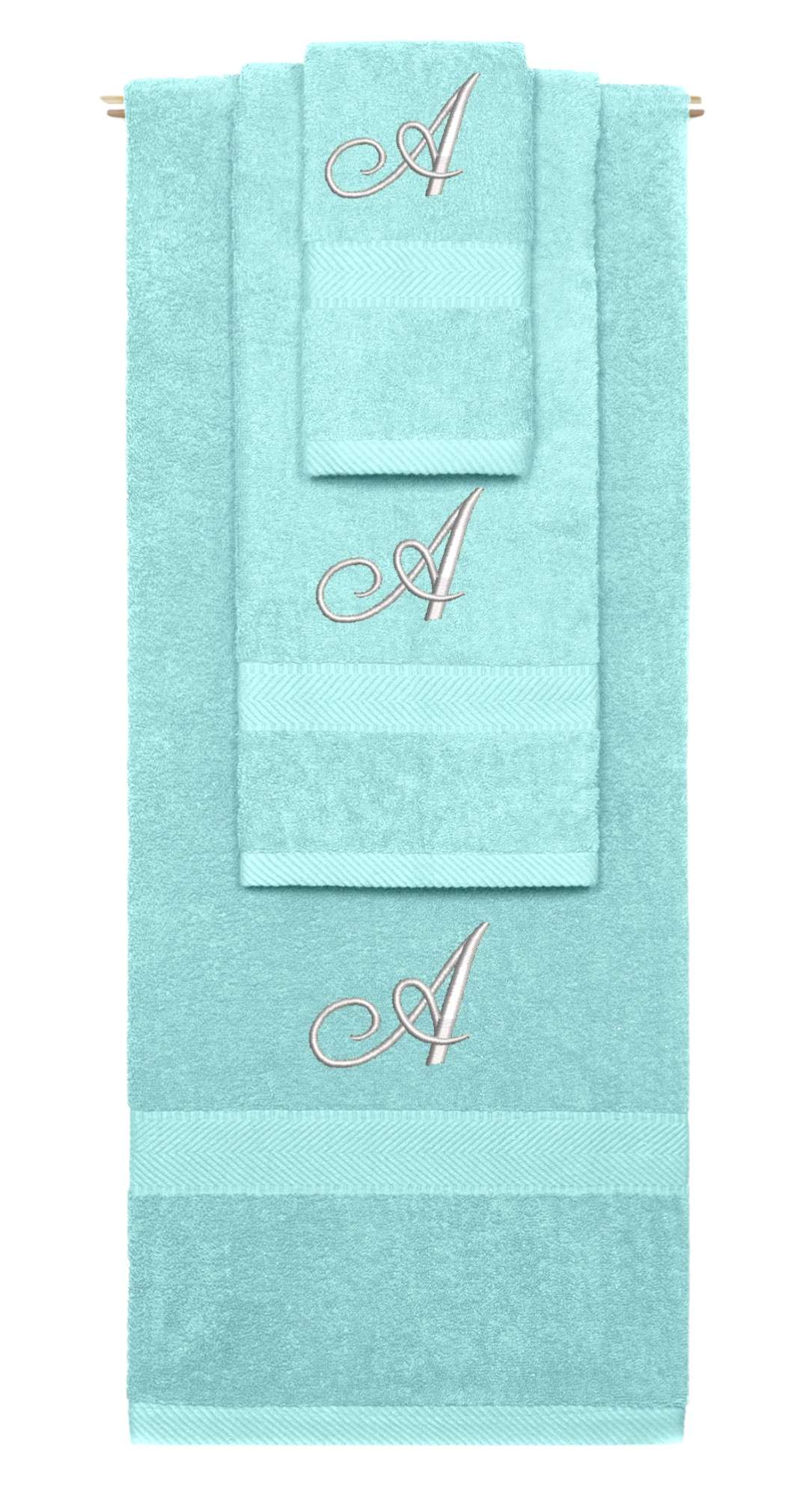 Nautical Teal monogrammed towel set with Silver thread, Diana Script font, initial A - 540 GSM cotton 3-piece