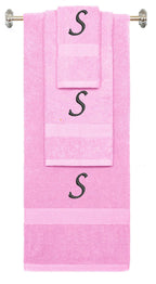 Pink monogrammed towel set with Black thread, Chancery font, initial S - 540 GSM cotton 3-piece
