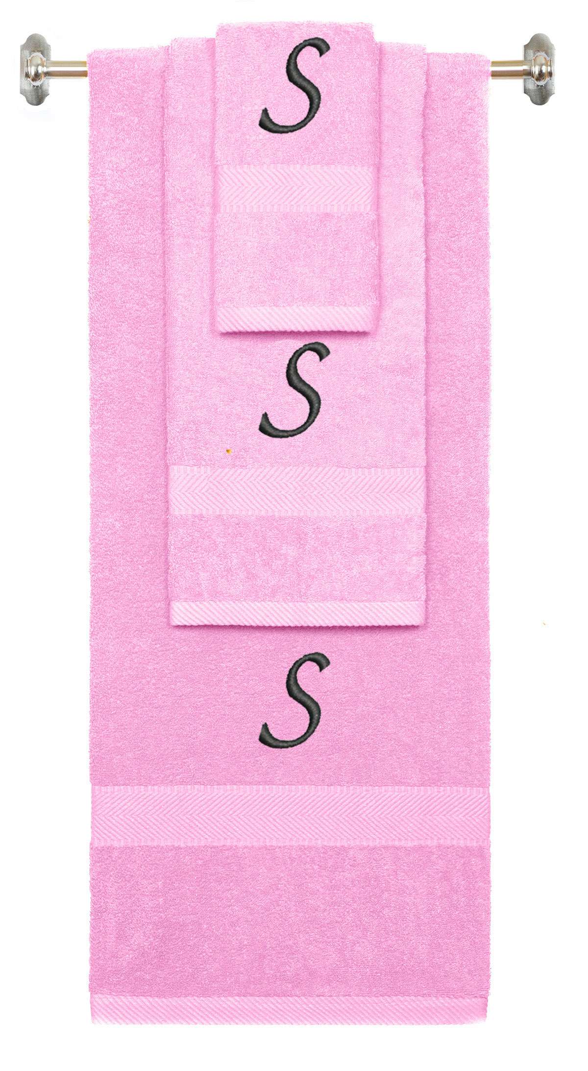 Pink monogrammed towel set with Black thread, Chancery font, initial S - 540 GSM cotton 3-piece