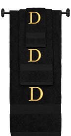 Black monogrammed towel set with Gold thread, Times New Roman font, initial D - 540 GSM cotton 3-piece