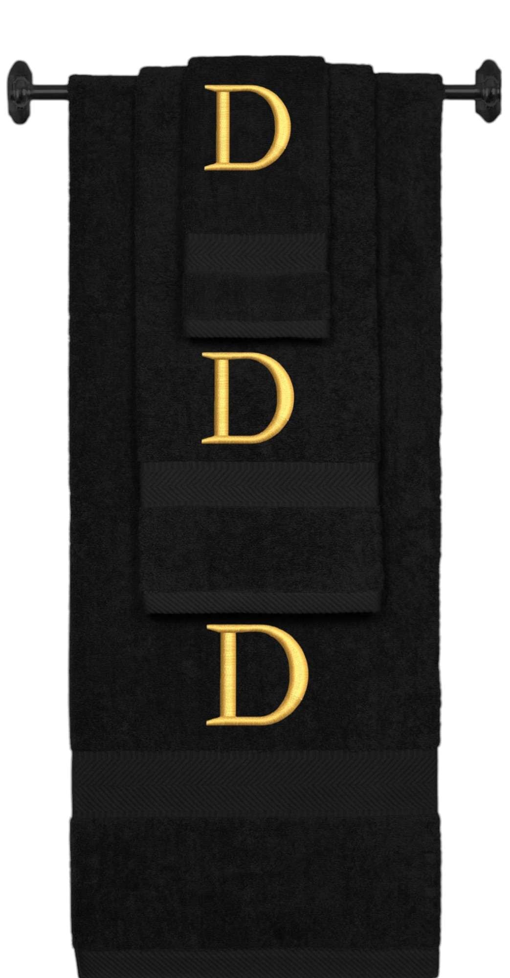 Black monogrammed towel set with Gold thread, Times New Roman font, initial D - 540 GSM cotton 3-piece