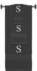 Charcoal monogrammed towel set with Silver thread, Times New Roman font, initial S - 540 GSM cotton 3-piece