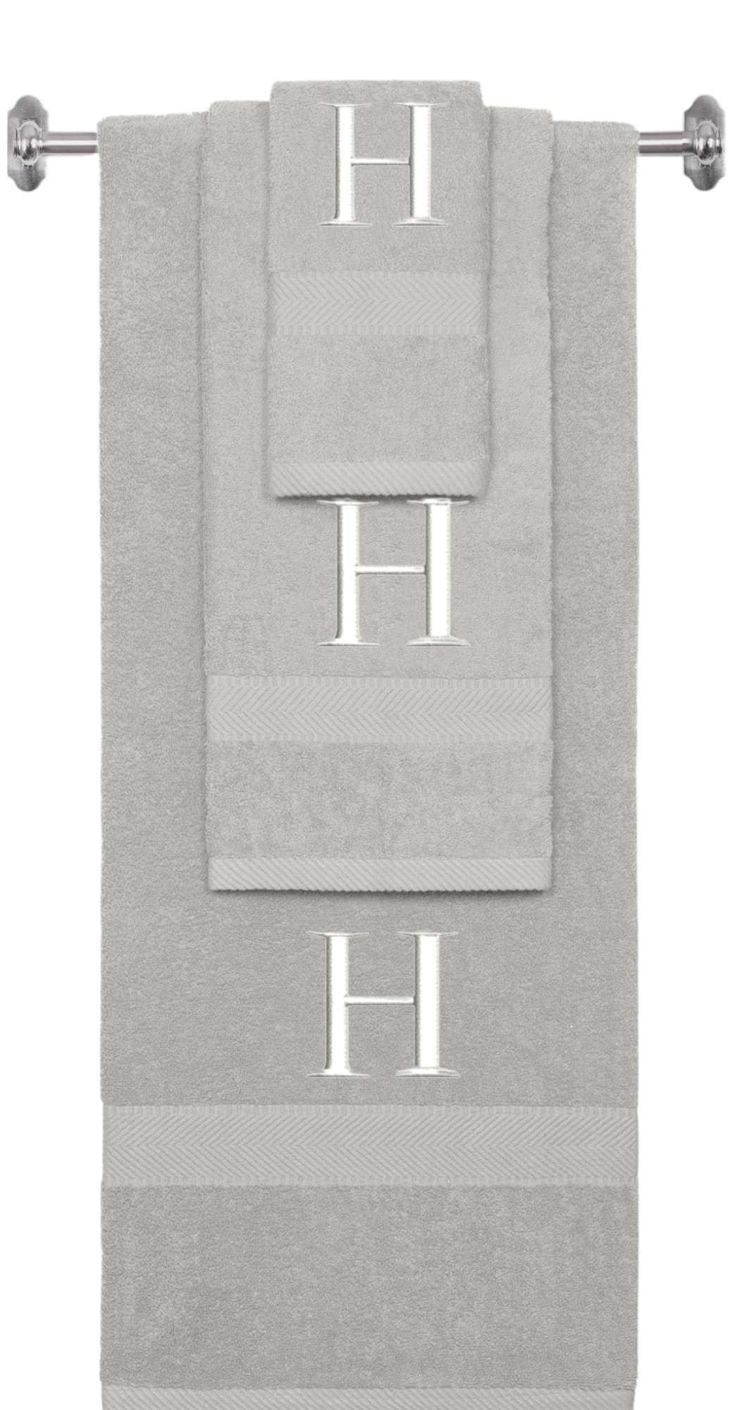 Silver monogrammed towel set with White thread, Times New Roman font, initial H - 540 GSM cotton 3-piece