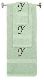 Mint Green monogrammed towel set with Black thread, Chancery font, initial X - 540 GSM cotton 3-piece
