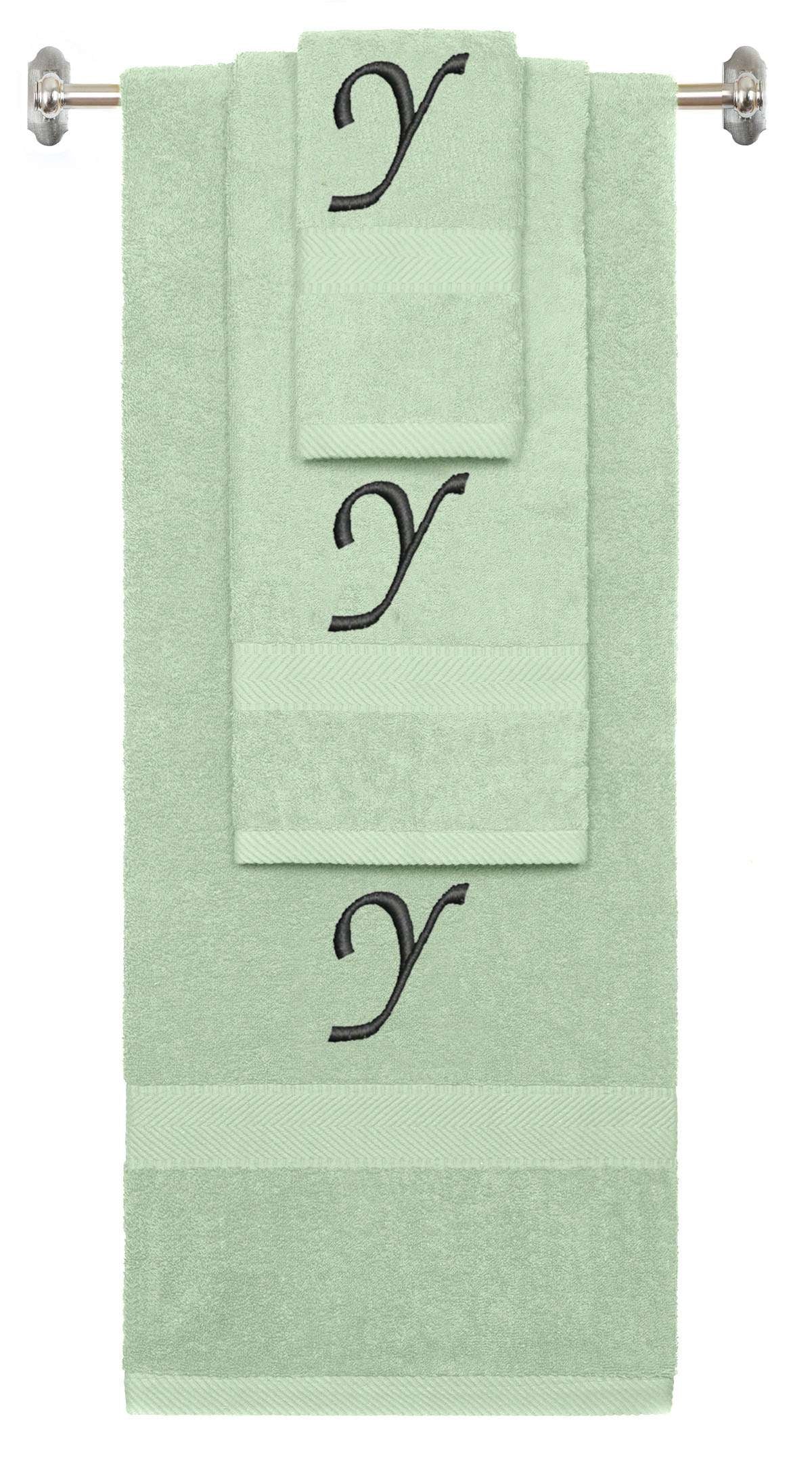 Mint Green monogrammed towel set with Black thread, Chancery font, initial X - 540 GSM cotton 3-piece