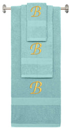 Nautical Teal monogrammed towel set with Gold thread, Chancery font, initial B - 540 GSM cotton 3-piece