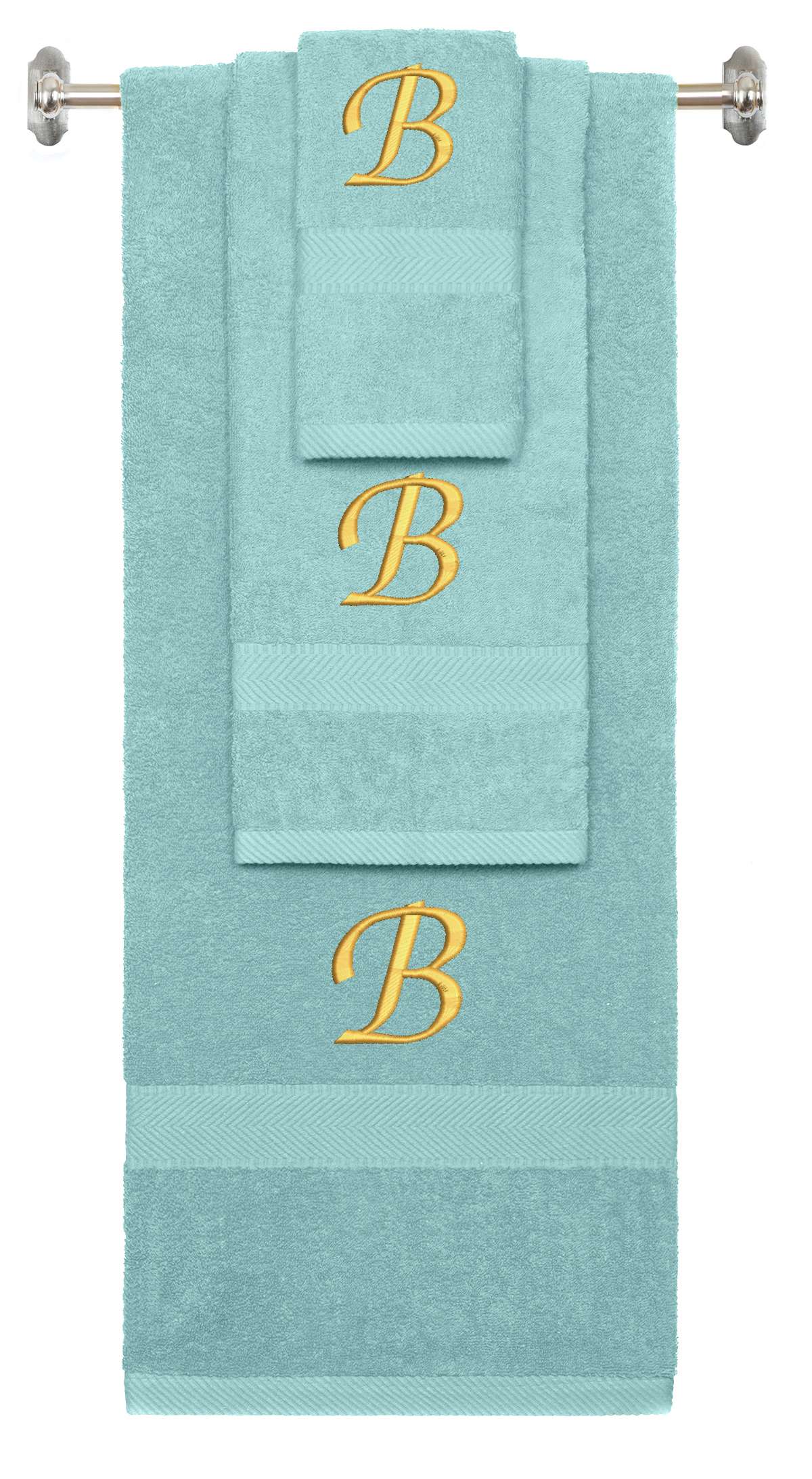 Nautical Teal monogrammed towel set with Gold thread, Chancery font, initial B - 540 GSM cotton 3-piece