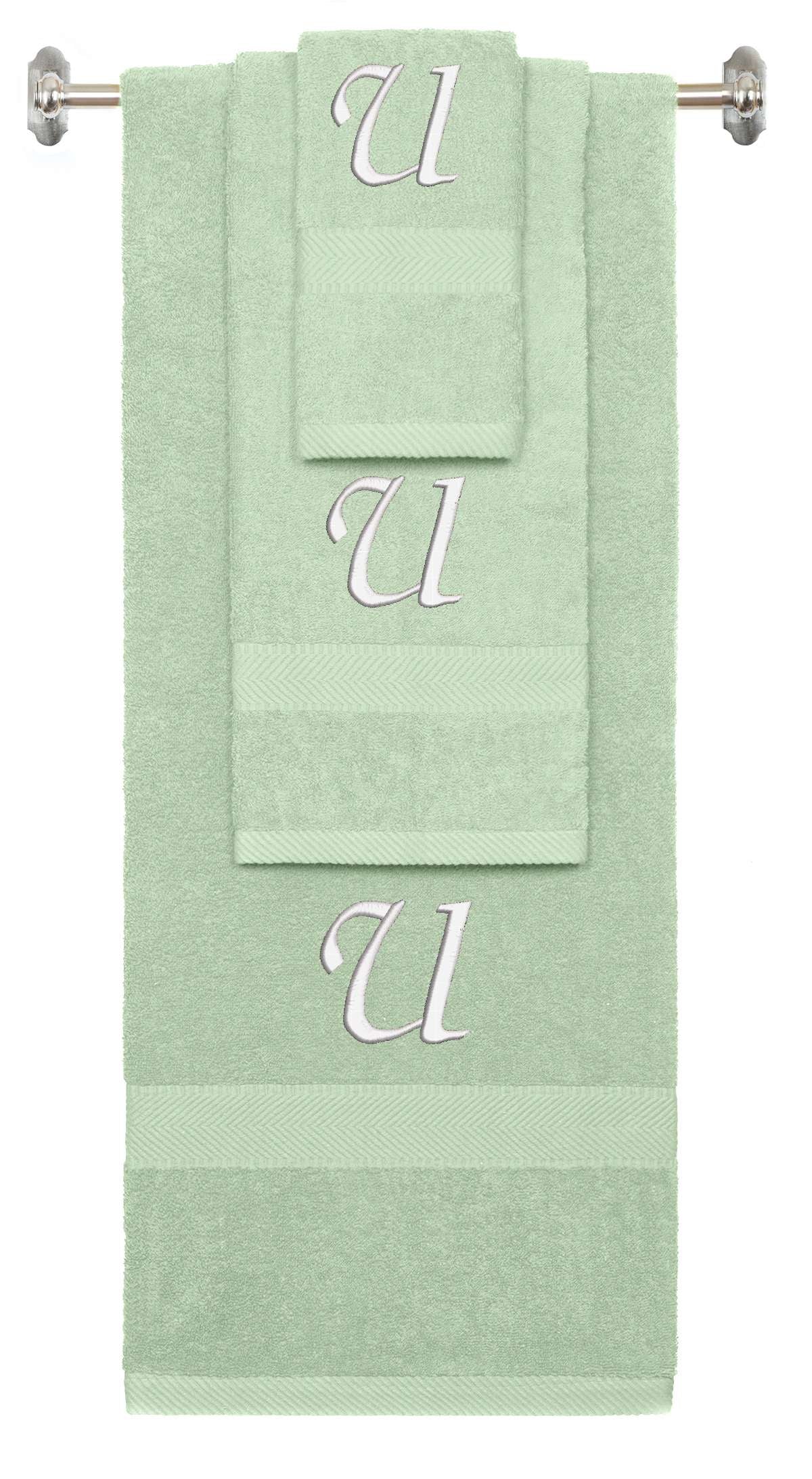 Mint Green monogrammed towel set with White thread, Chancery font, initial U - 540 GSM cotton 3-piece