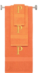 Orange monogrammed towel set with Gold thread, Times New Roman font, initial P - 540 GSM cotton 3-piece
