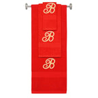 Red monogrammed towel set with Gold thread, Diana Script font, initial B - 540 GSM cotton 3-piece