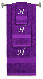 Purple monogrammed towel set with White thread, Chancery font, initial H - 540 GSM cotton 3-piece