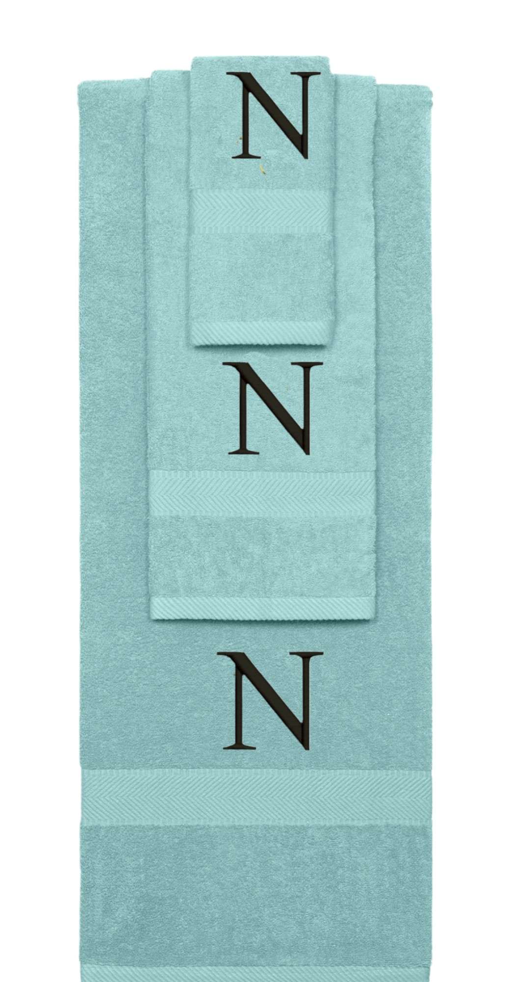 Nautical Teal monogrammed towel set with Black thread, Times New Roman font, initial N - 540 GSM cotton 3-piece