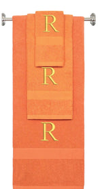 Orange monogrammed towel set with Gold thread, Times New Roman font, initial R - 540 GSM cotton 3-piece